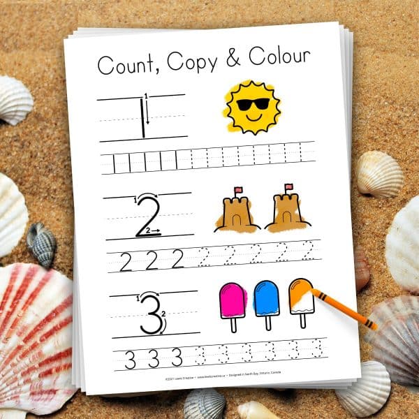 Count Copy and Color - Summer Themed Number Tracing Printable for Learning 1 to 10