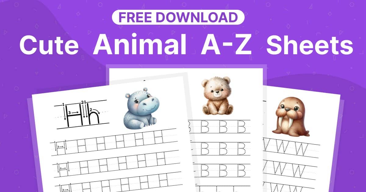 Cute Animals - Free Alphabet Tracing Practice Sheets PDF Download
