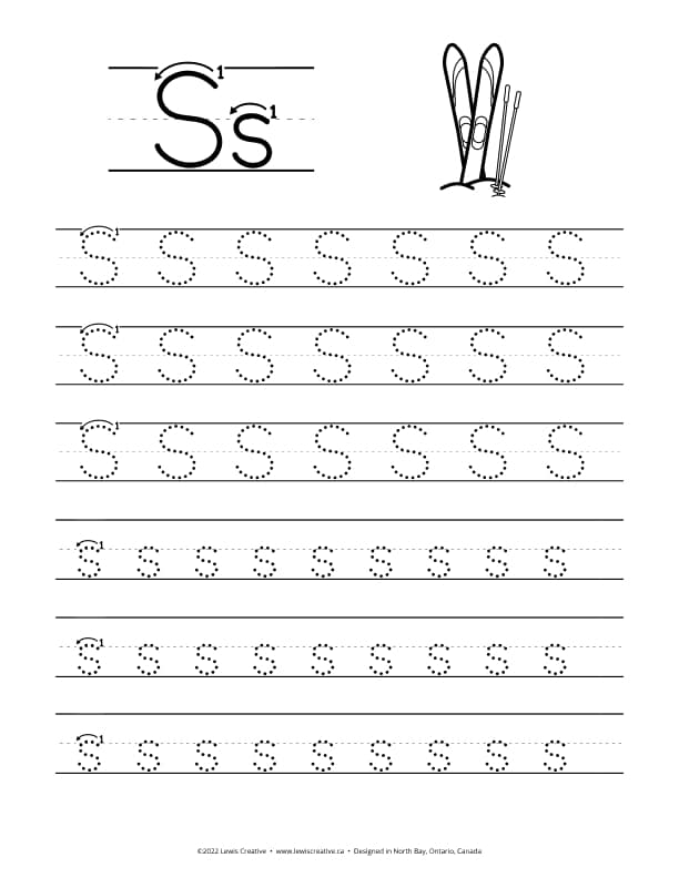 S is for Skiing - Free Letter S Tracing Practice Worksheet