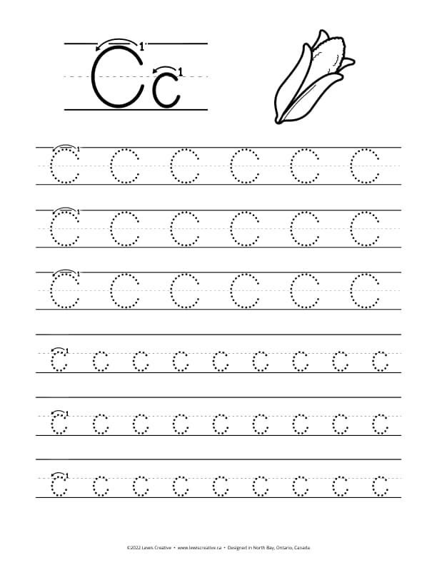 C is for Corn - Free Letter C Tracing Practice Worksheet