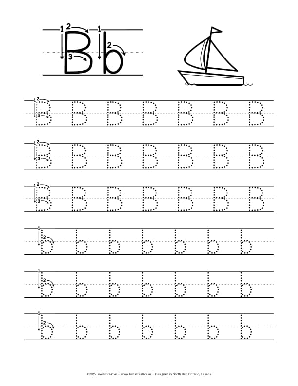 B is for Boat - Free Letter B Tracing Practice Worksheet