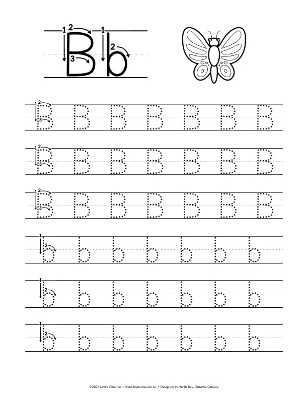 B is for Butterfly - Free Letter B Tracing Practice Worksheet